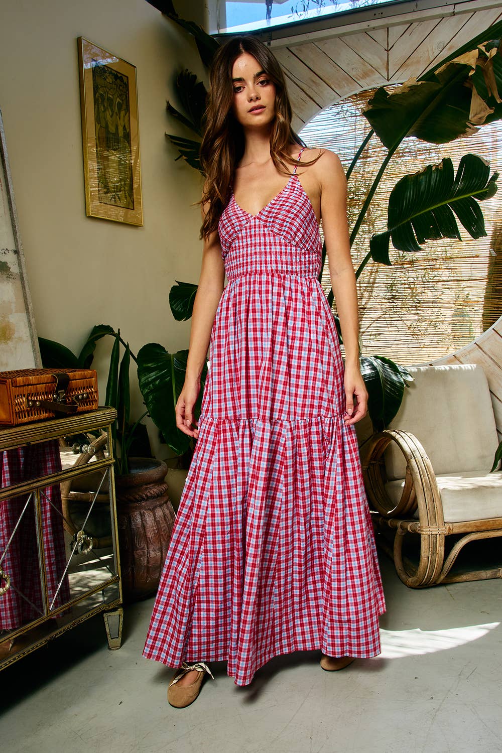 Red Gingham Smocked Maxi Dress