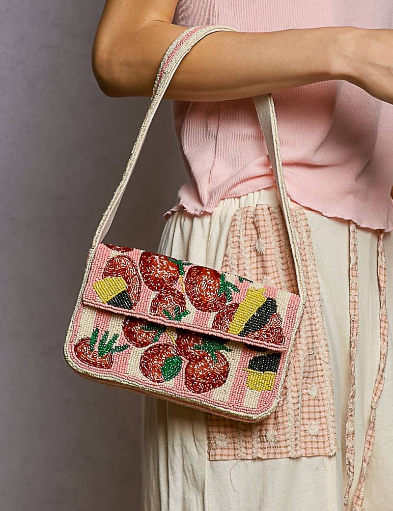 Pink Beaded Fruit Pattern Shoulder Bag
