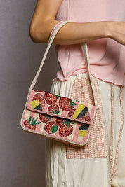 Pink Beaded Fruit Pattern Shoulder Bag