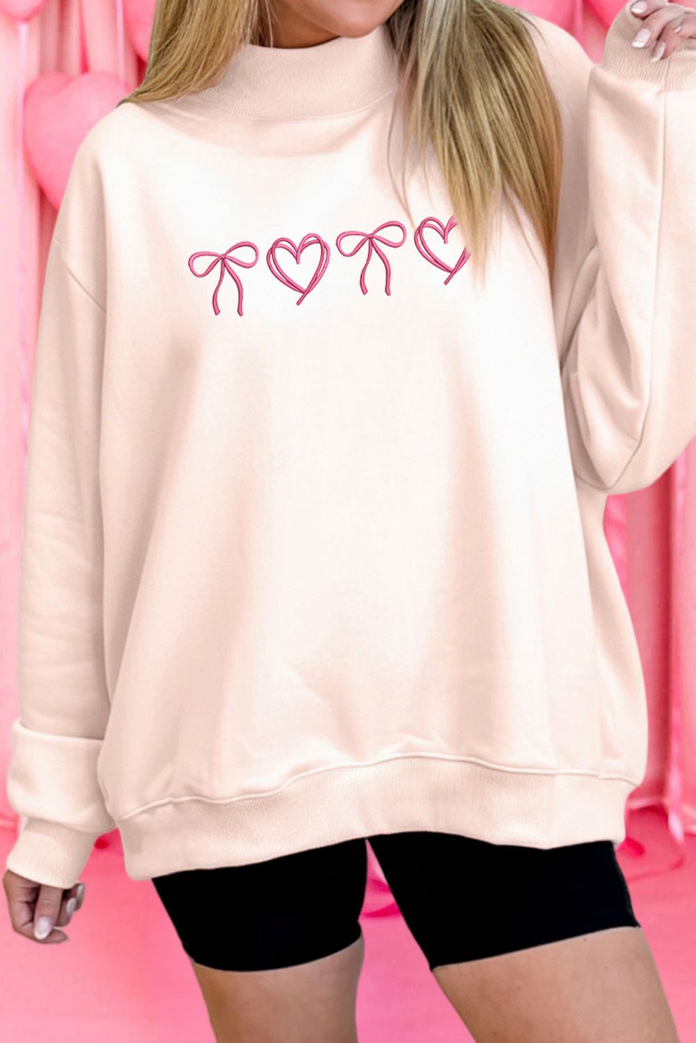 Pink Bow Heart Embroidered Mock Neck