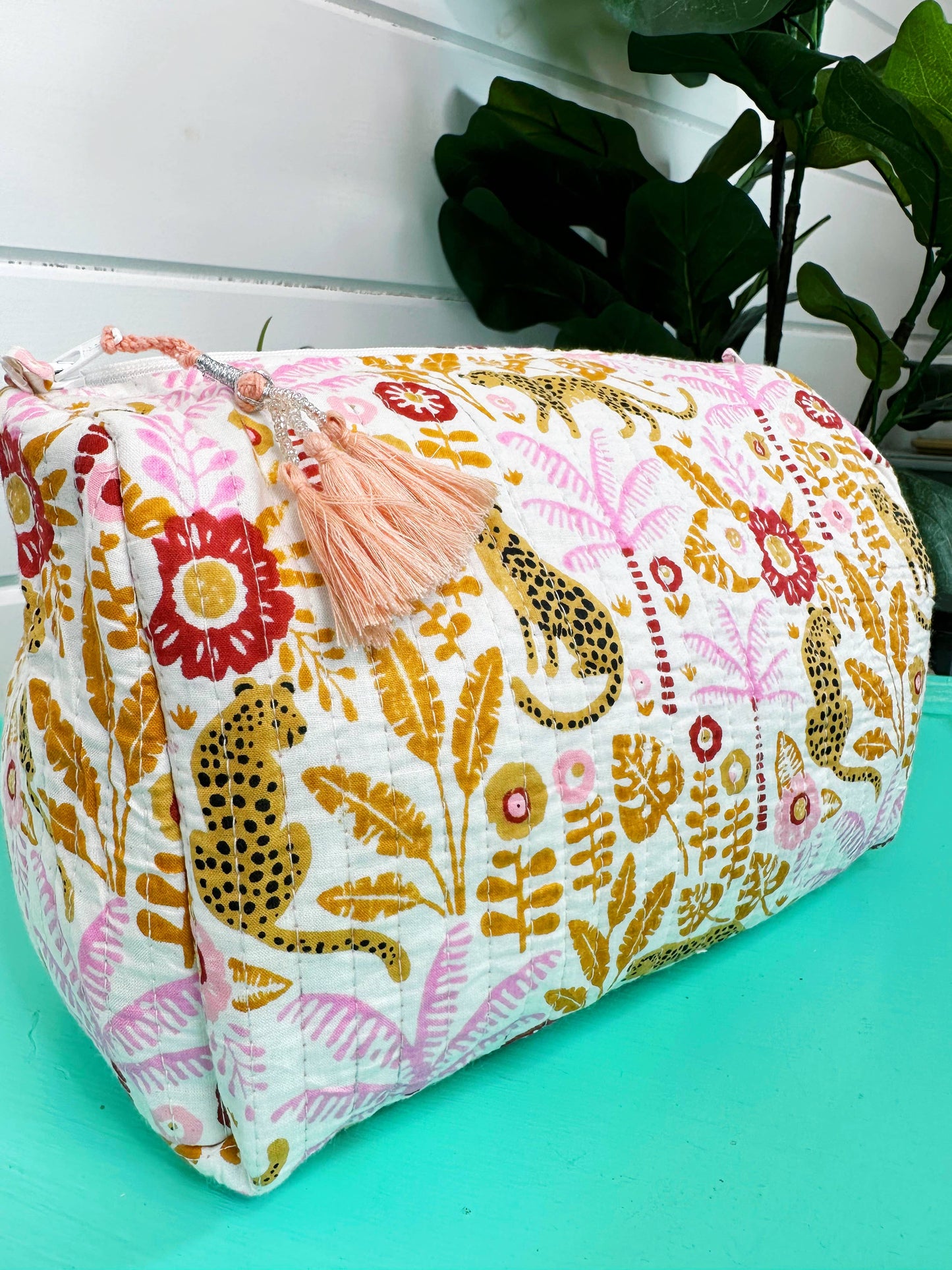 Pink Palm Jaguars Quilted Makeup Bag