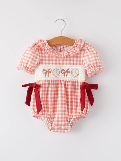 Girls Baseball Bow Smocking Embroidery Plaid