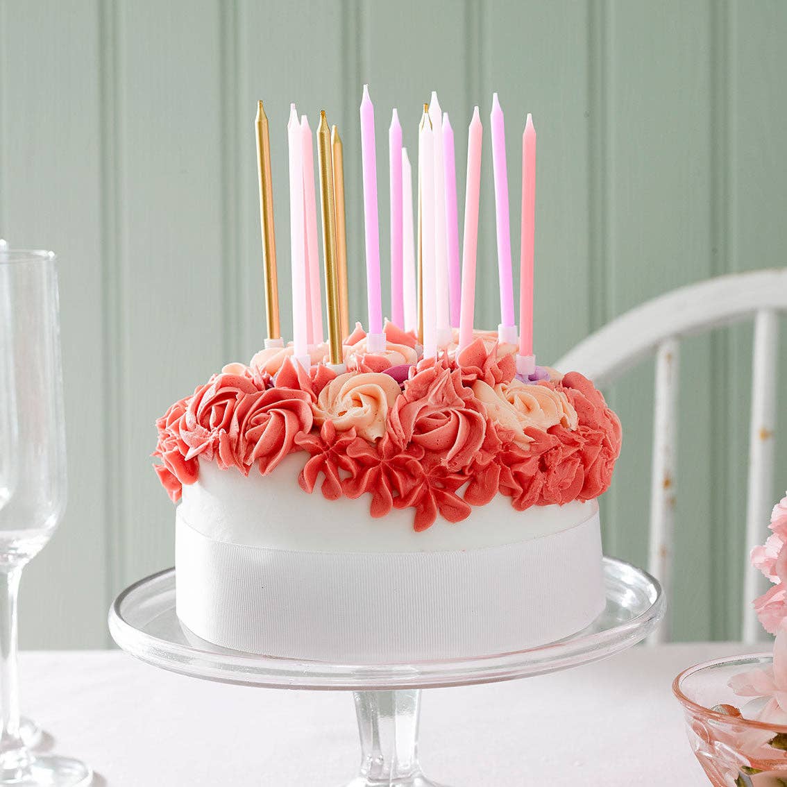 Rose Birthday Candles - 16 Pack | Cake Candles | showing includes rose, pink, blush, and gold candles