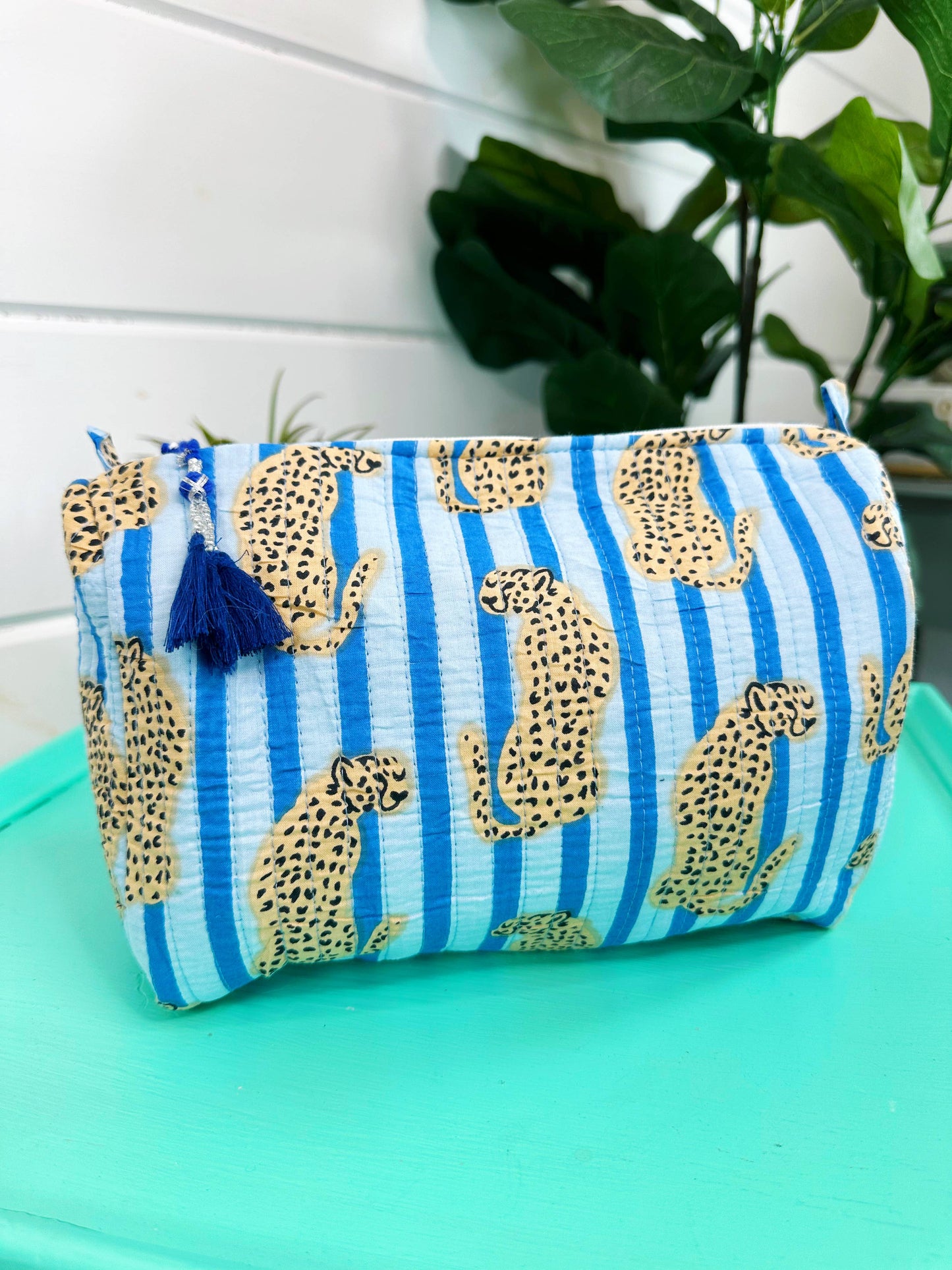 Blue Stripe Quilted Makeup Bag