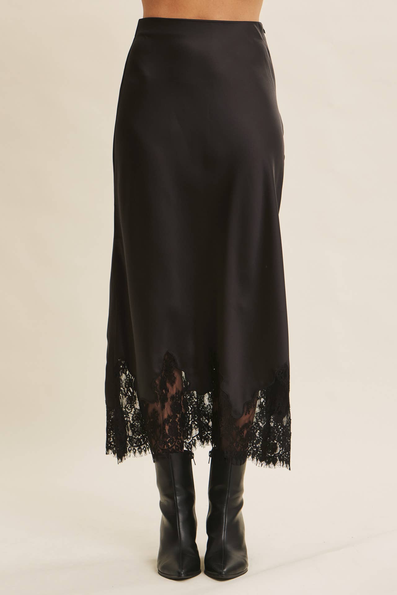 Black Lace and Satin Midi Skirt
