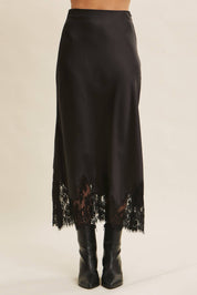 Black Lace and Satin Midi Skirt