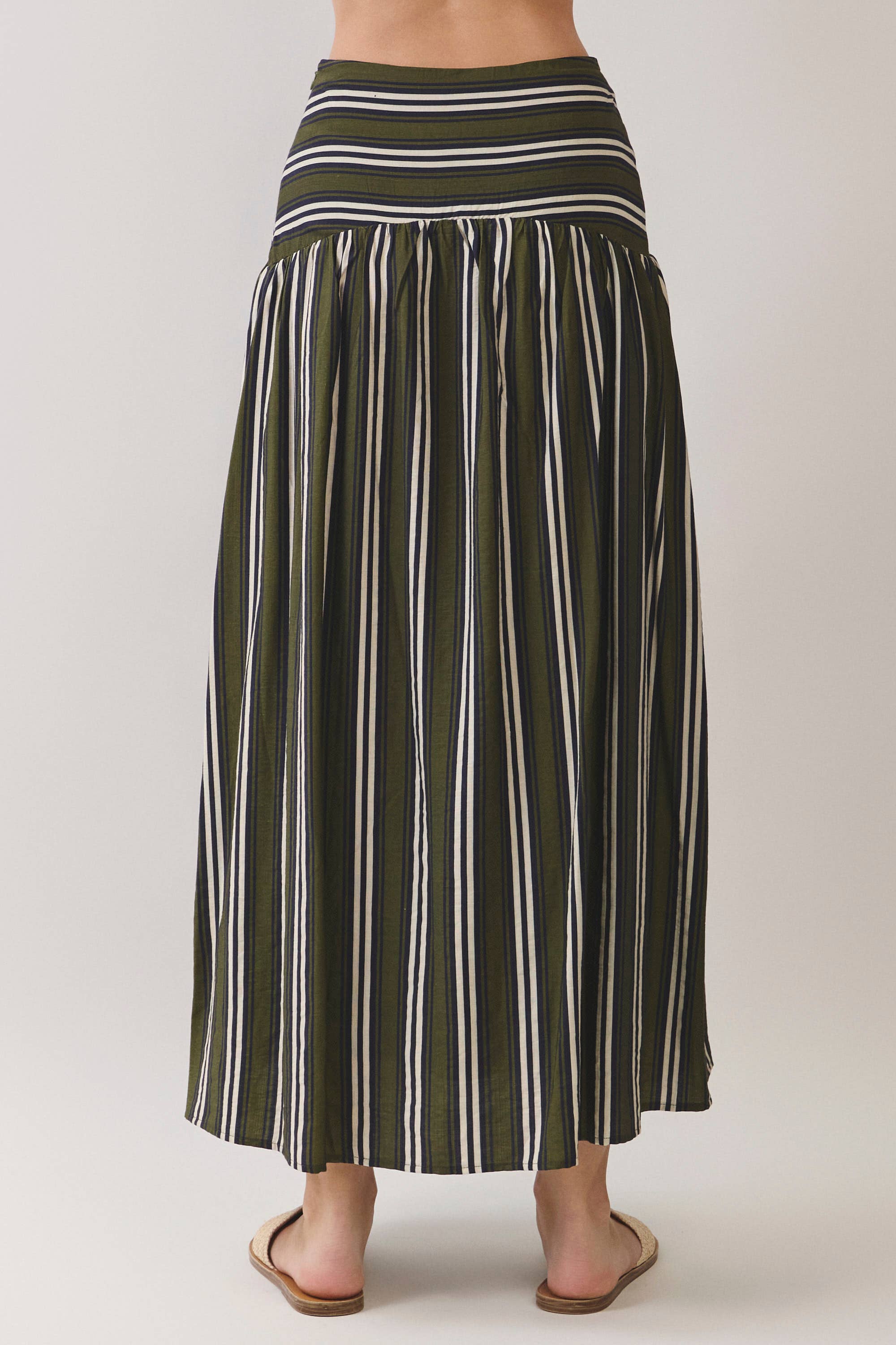 Green Striped Ruched Drop Waist Maxi Skirt