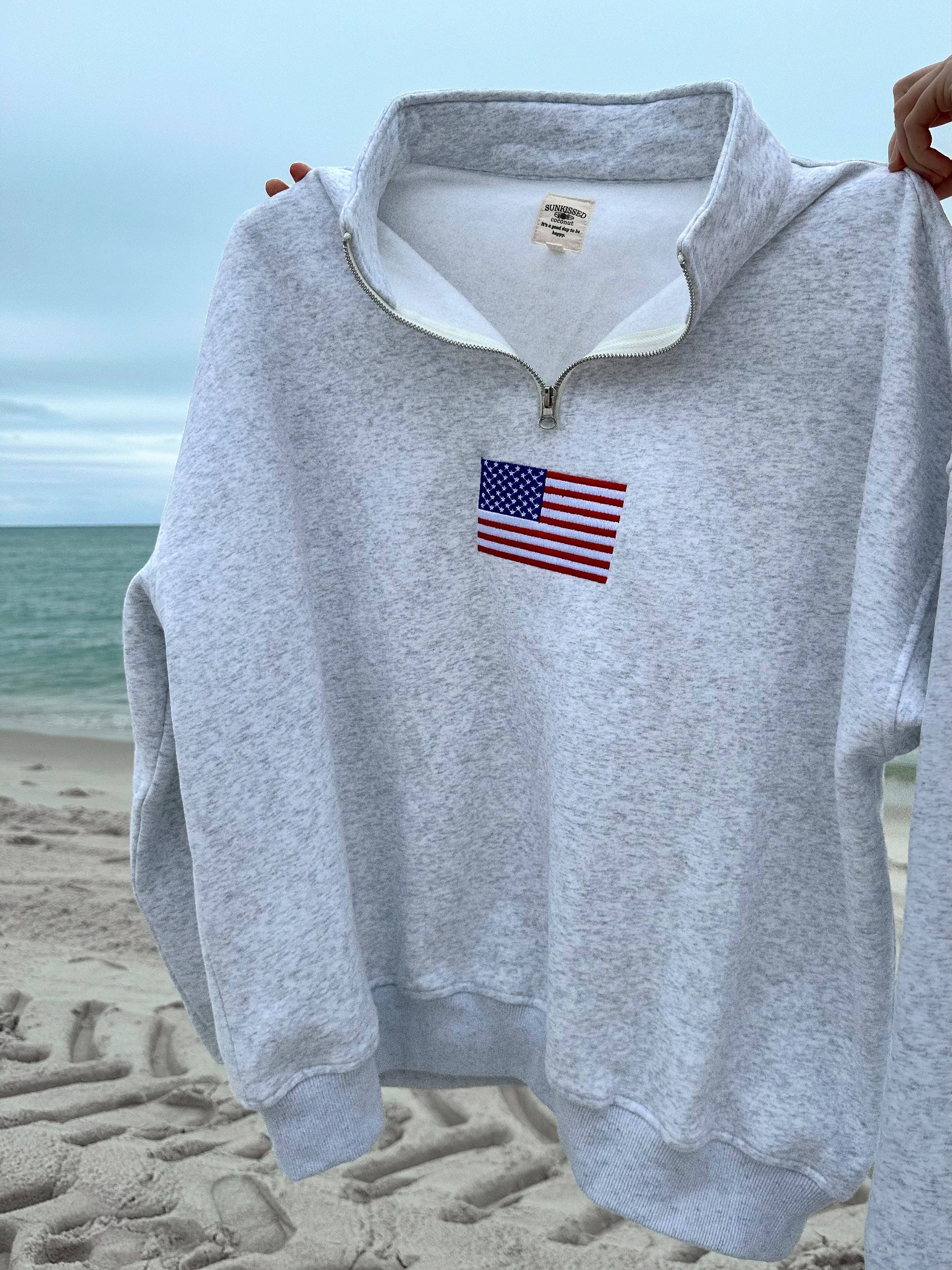 Gray Vintage American Flag Quarter-Zip Sweatshirt