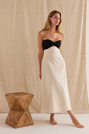 Linen Colorblock Front Twist Midi Dress