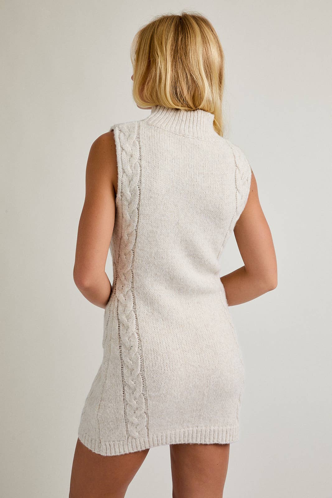 Oatmeal Sleeveless Mock Neck Cable Sweater Dress