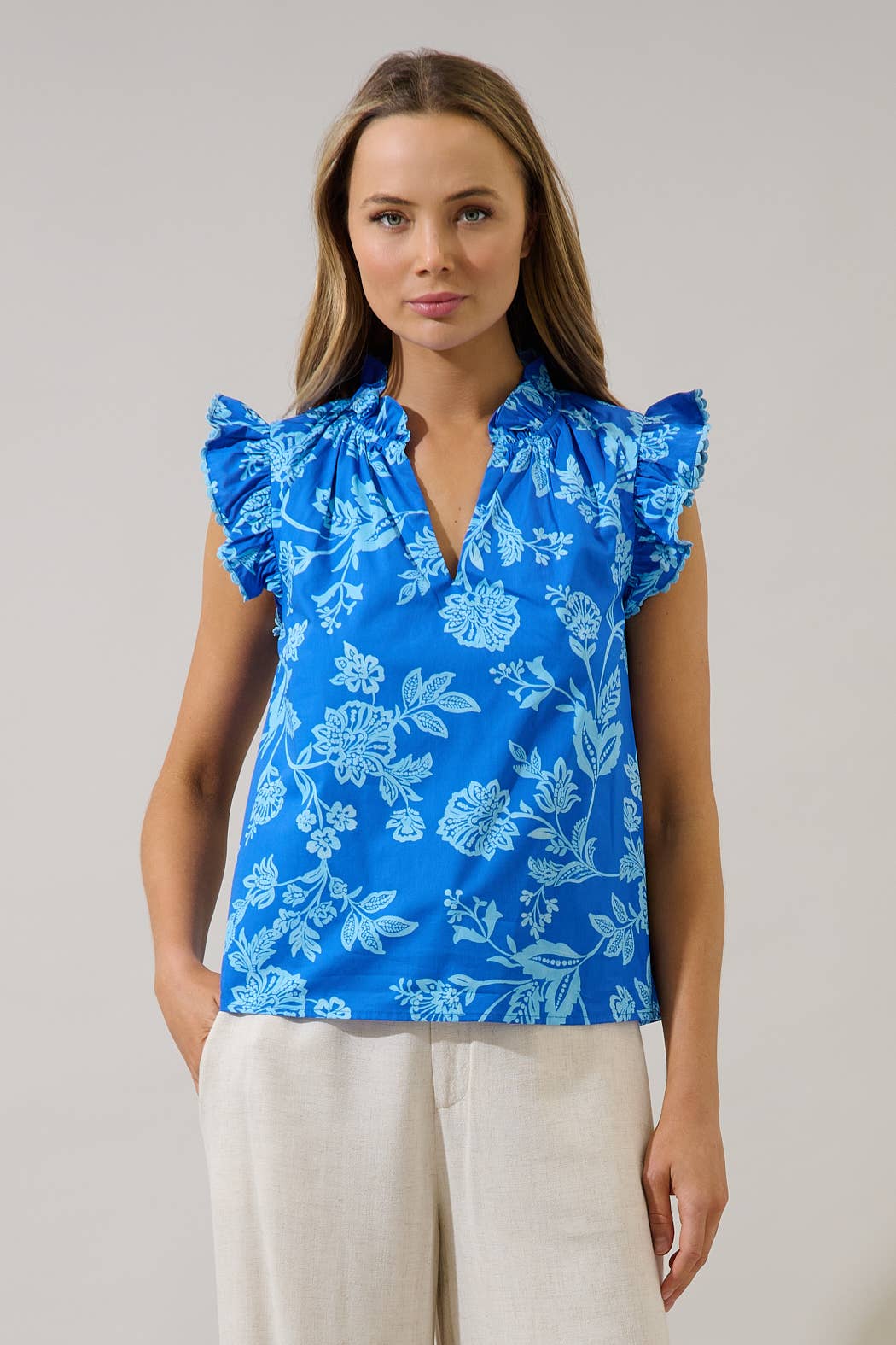 Blue Ruffle Floral Top