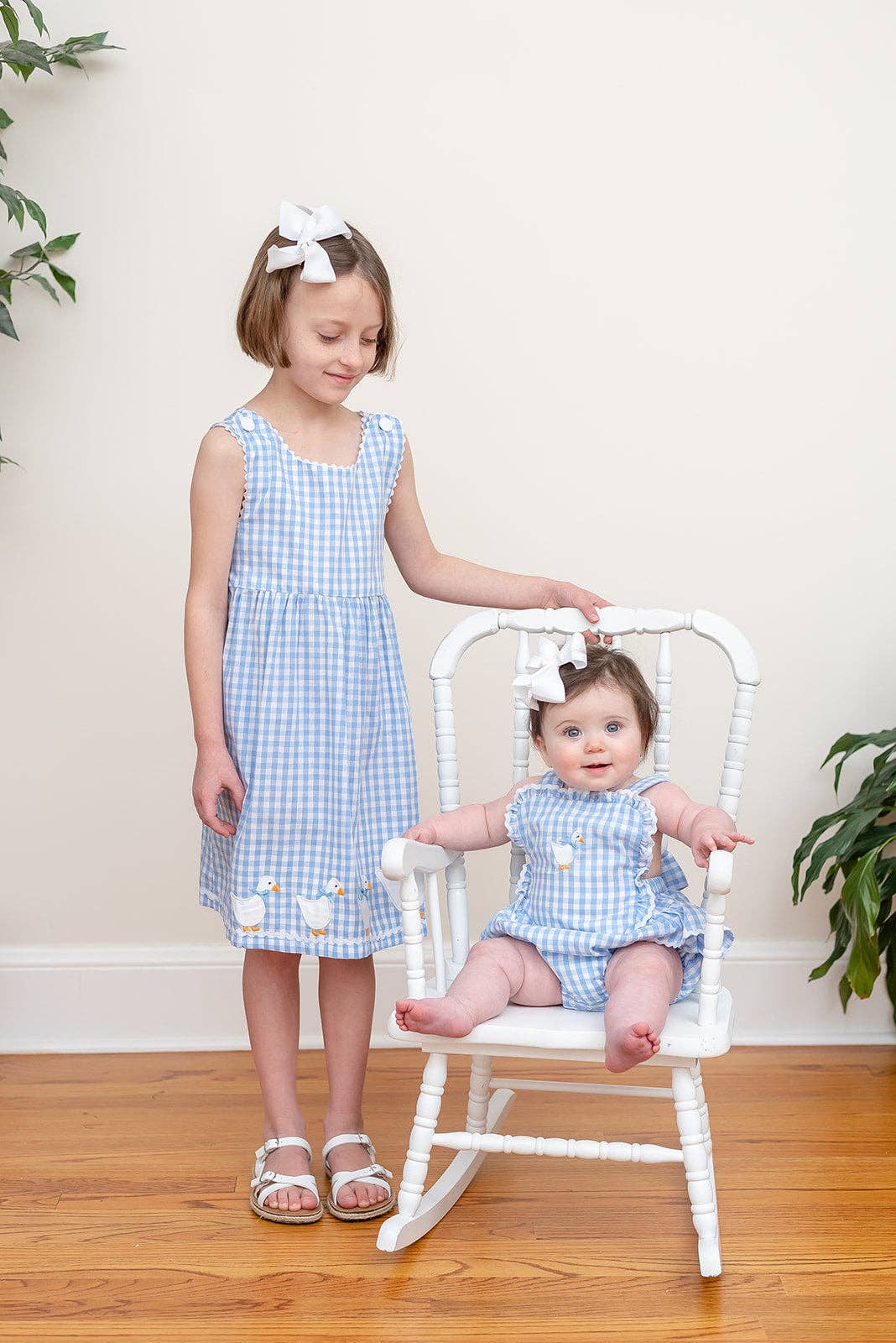 Blue Gingham Goose Lace Bow Ruffle Baby