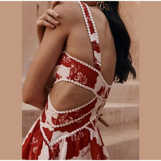 Red/White Hollow Backless Printed Dress