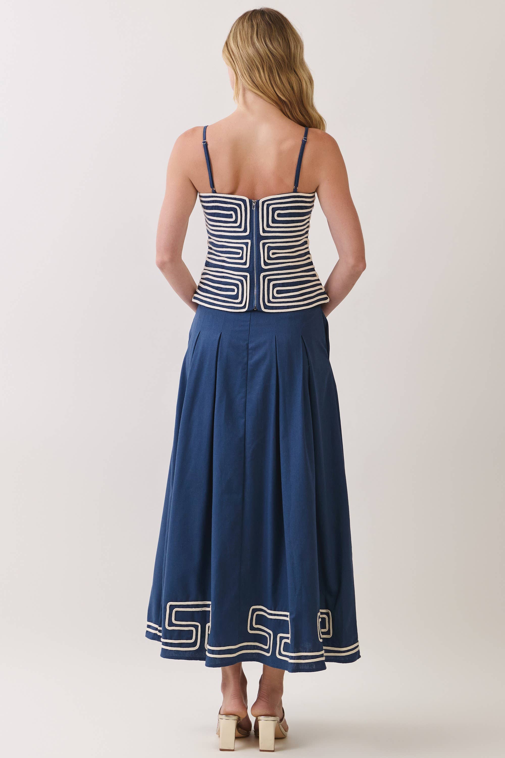 Navy Embroidered Pleated Maxi Skirt
