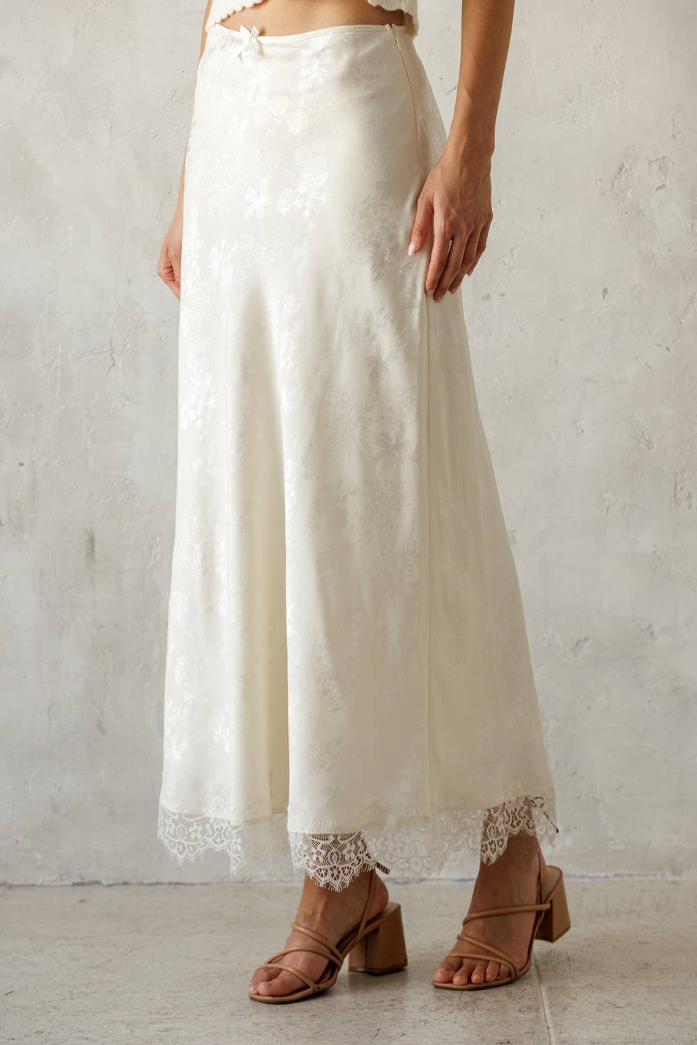 Ivory Satin Lace Trim Midi Skirt