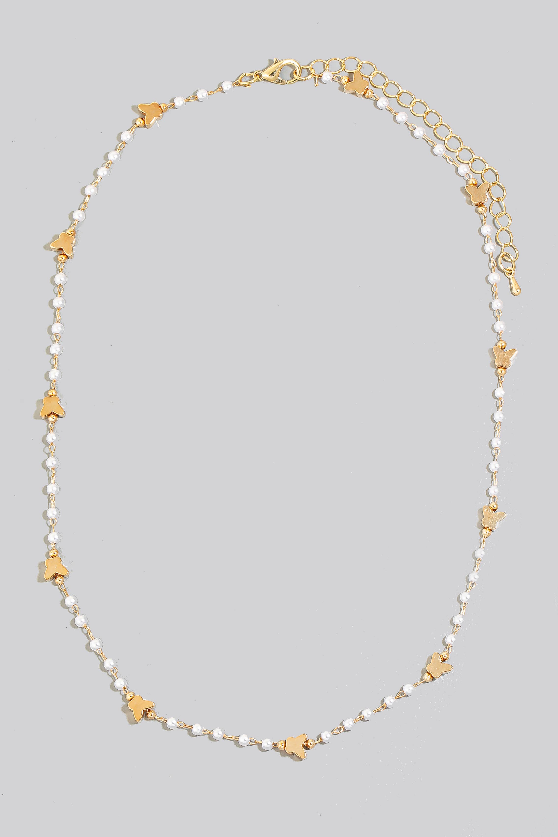 Butterfly And Pearl Beaded Station Chain Necklace