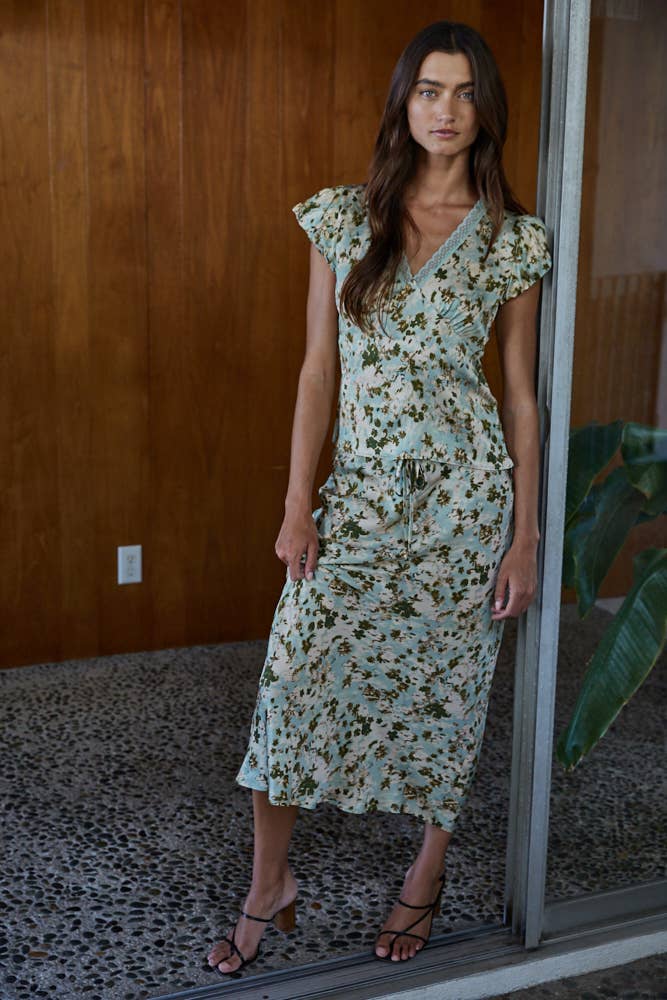 Green Floral Print Midi Skirt