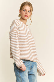 Pink Striped Henley Knit Sweater