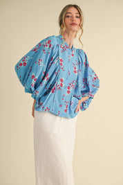 Blue Floral Dolman Sleeve Blouse