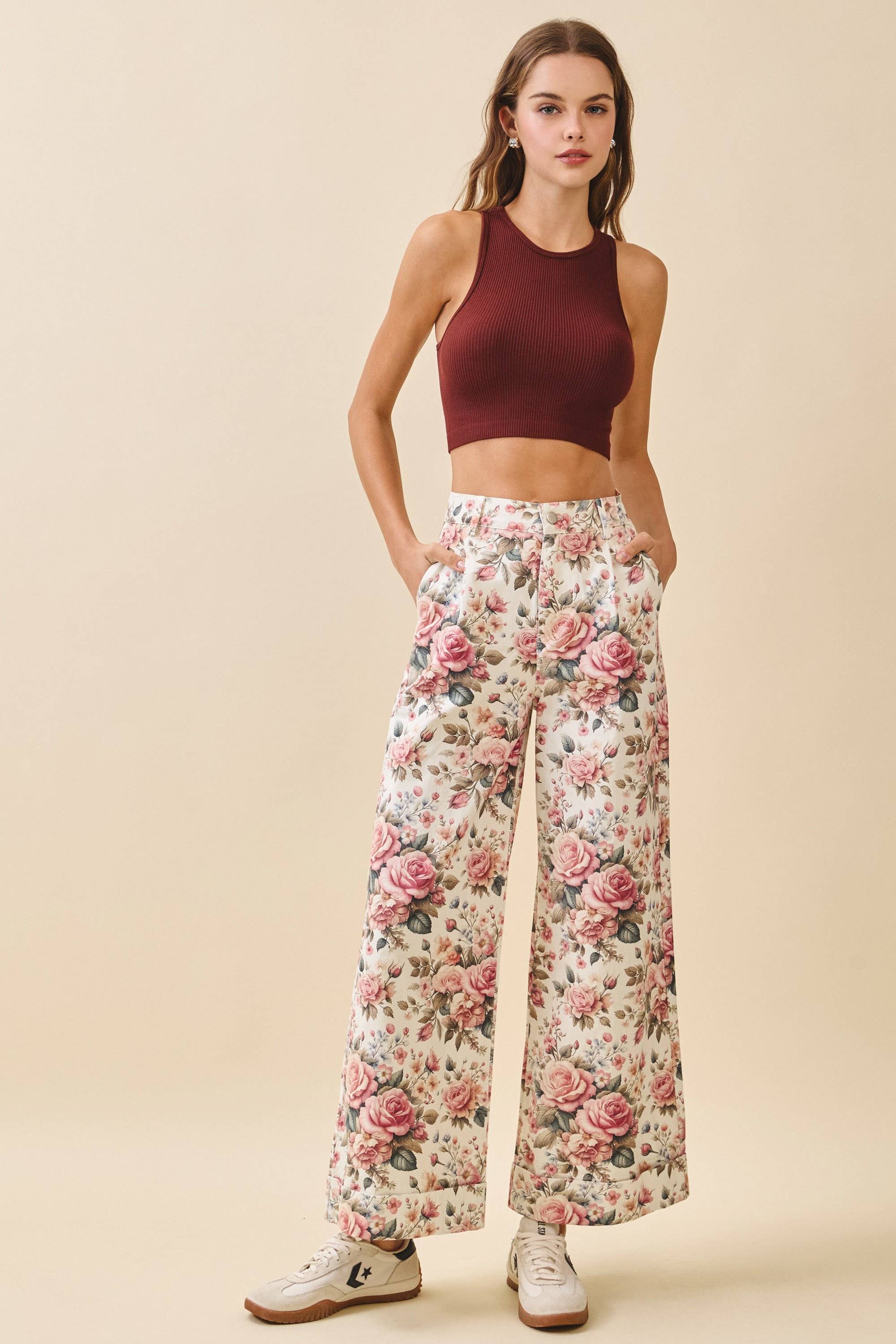 Rose Print Wide Leg High Waist Pants