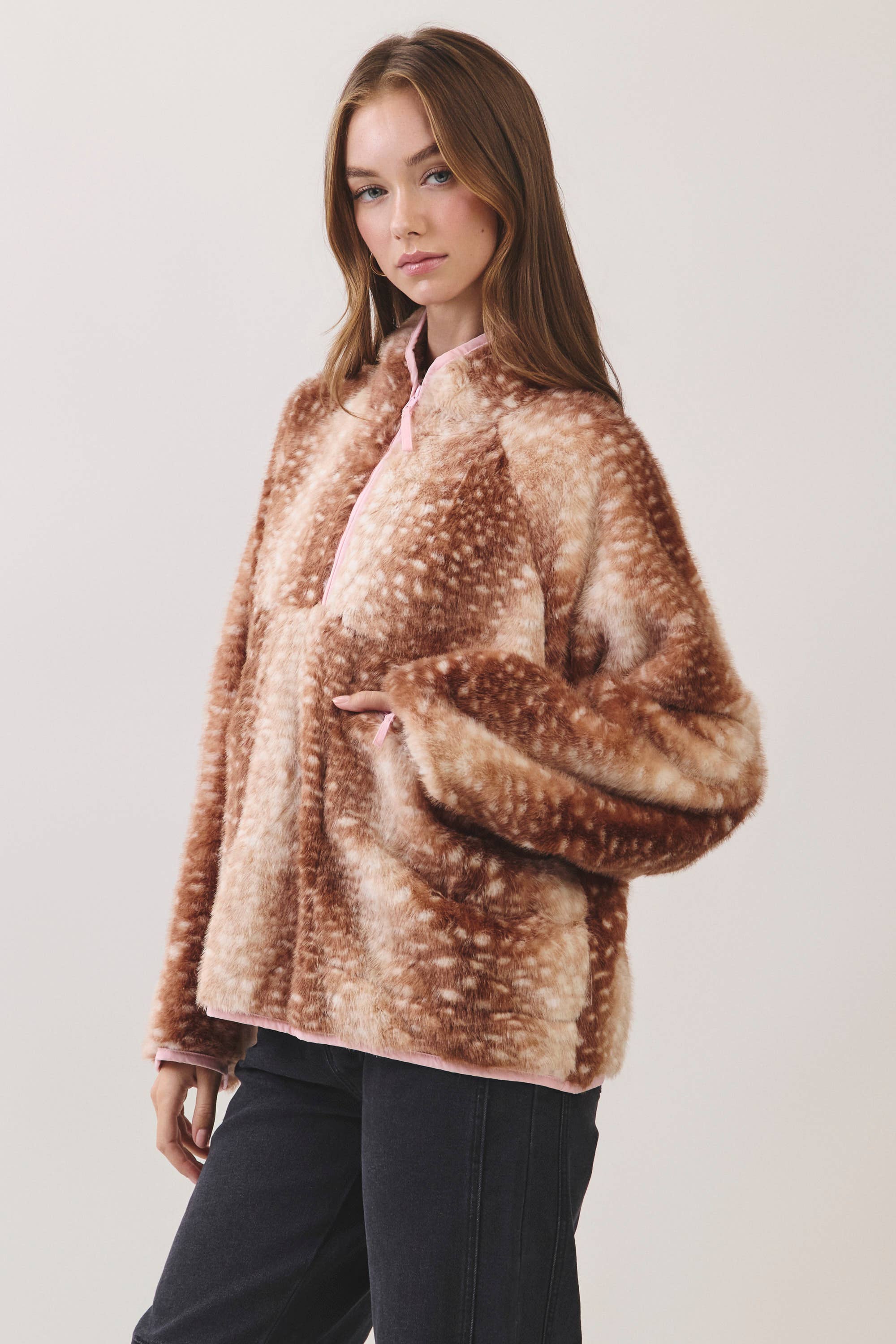 Brown Deer Print Faux Fur Half-Zip Jacket showing half zip