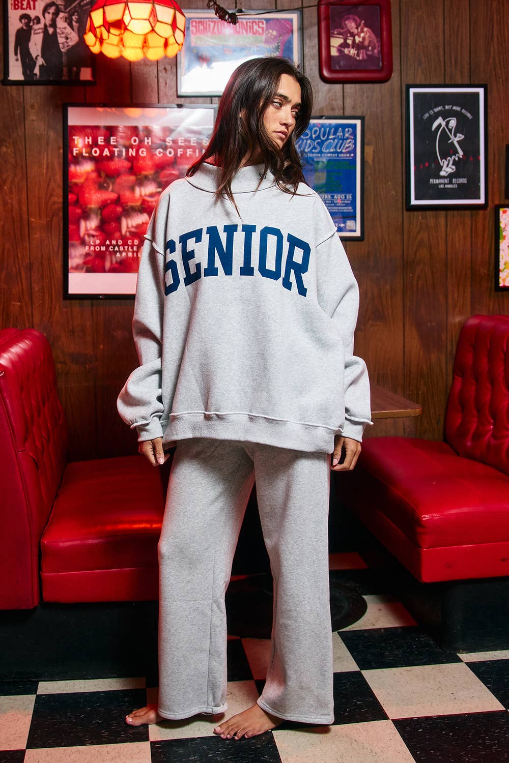 Gray Senior Mockneck Sweatshirt showing drop shoulder
