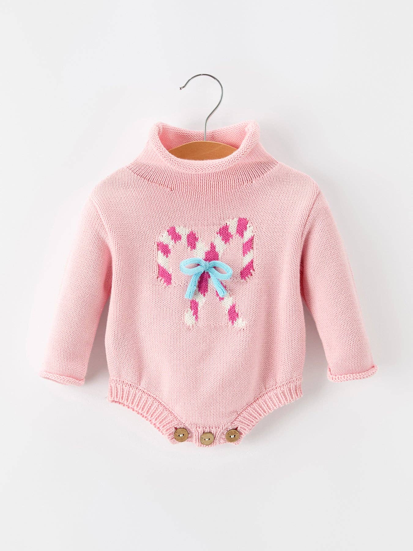 Christmas Candy Cane Romper — delicate bow detail and cozy turtleneck