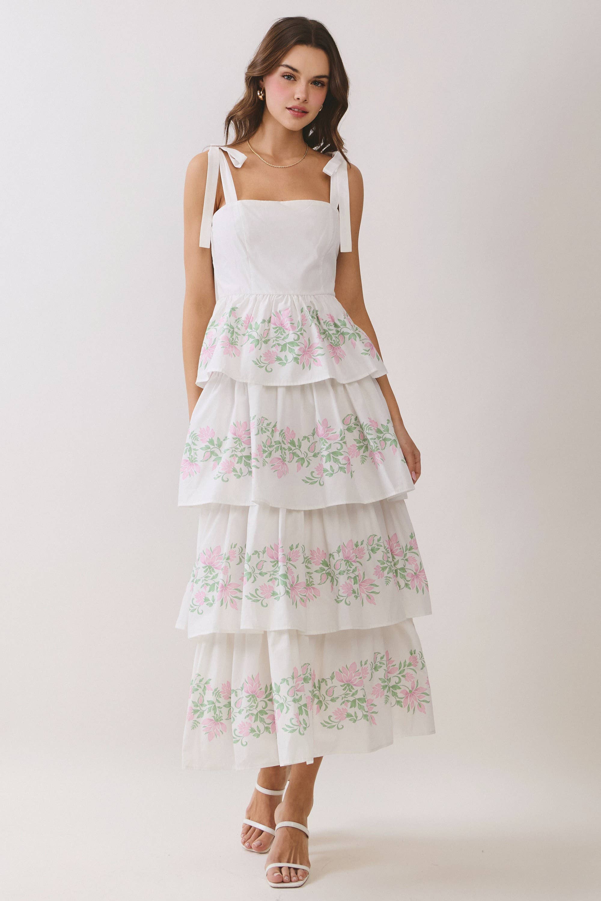 White Floral Ribbon Tiered Maxi Dress