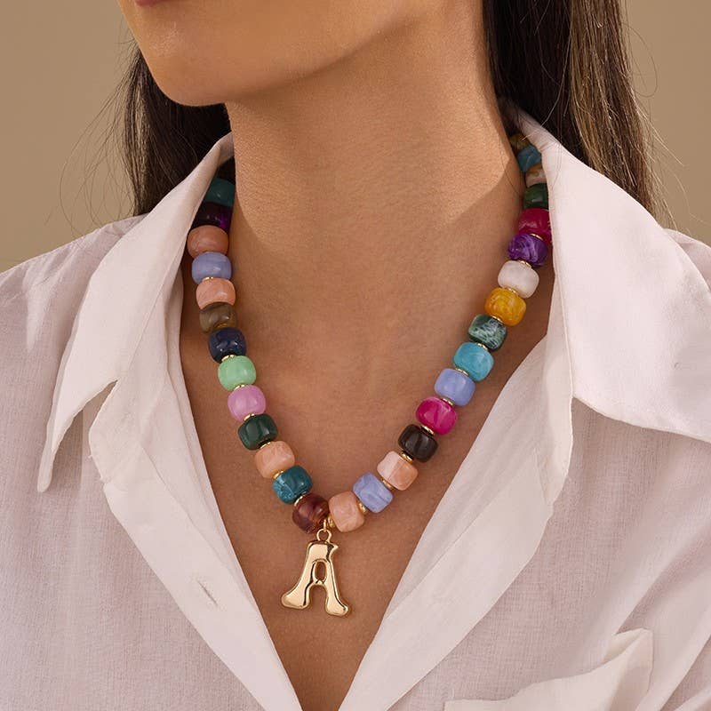 Multicolor Chunky Bead Initial Necklace