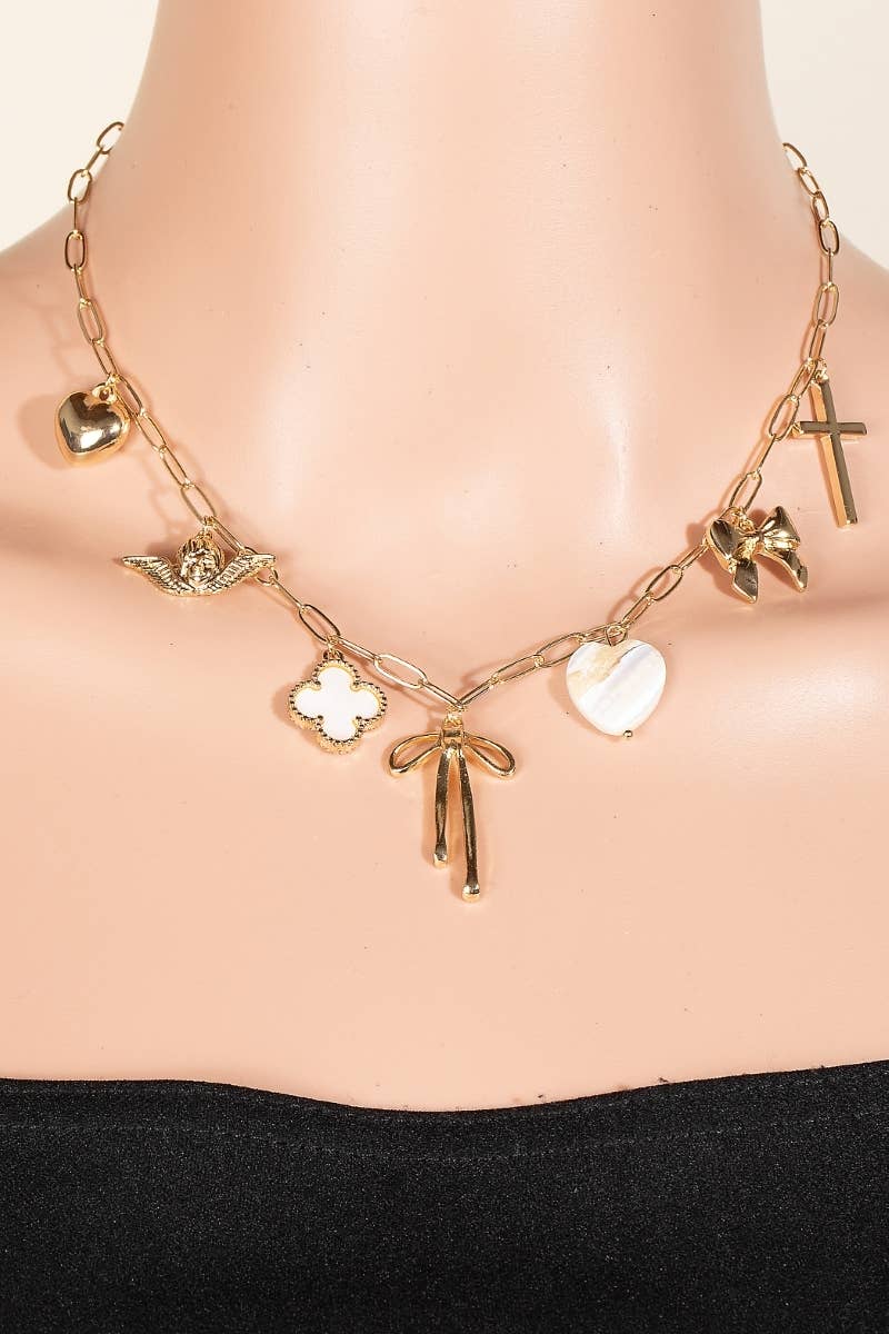 Heart Cross Angel Ribbon And Angel Charms Chain Necklace: GDWHT