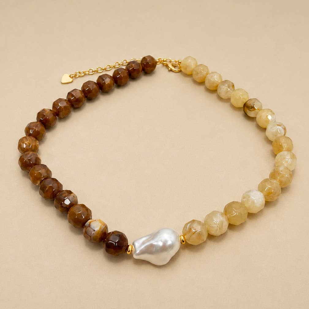 Brown Two-Tone Stone & Pearl Necklace