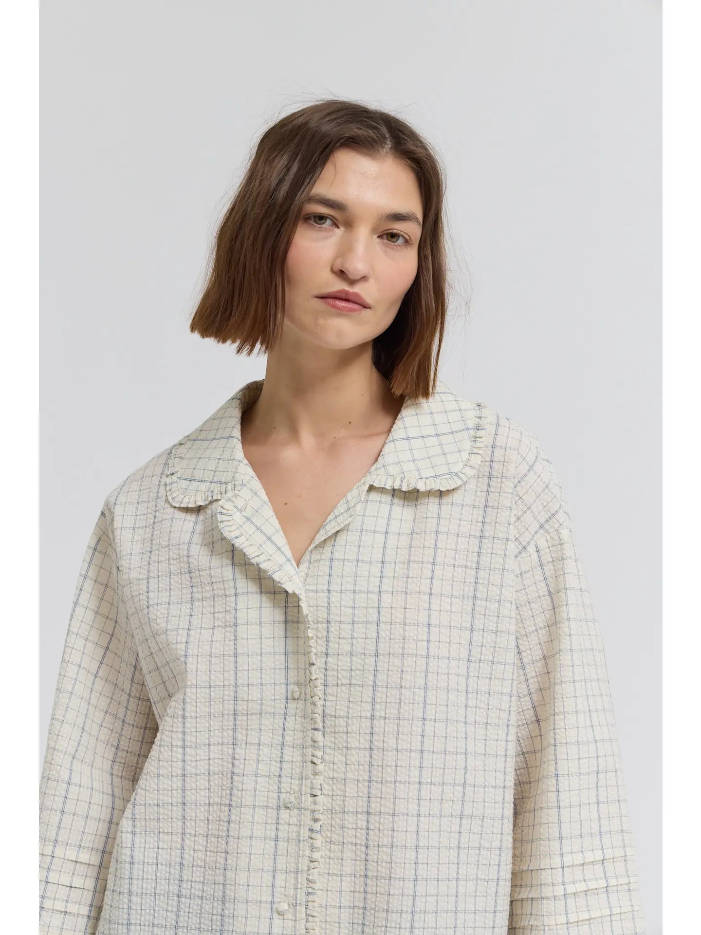 Light Blue Plaid Ruffle Top