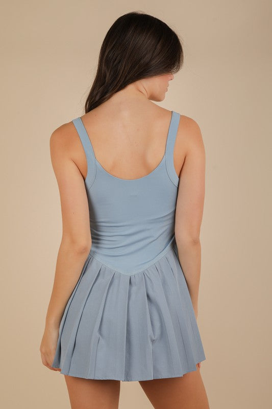 Blue Pleated Skirt Activewear Dress W/ Under Shorts
