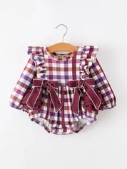Fall Plaid Bow Ruffle Girls Bubble Romper — round neckline and long sleeves with elastic cuffs