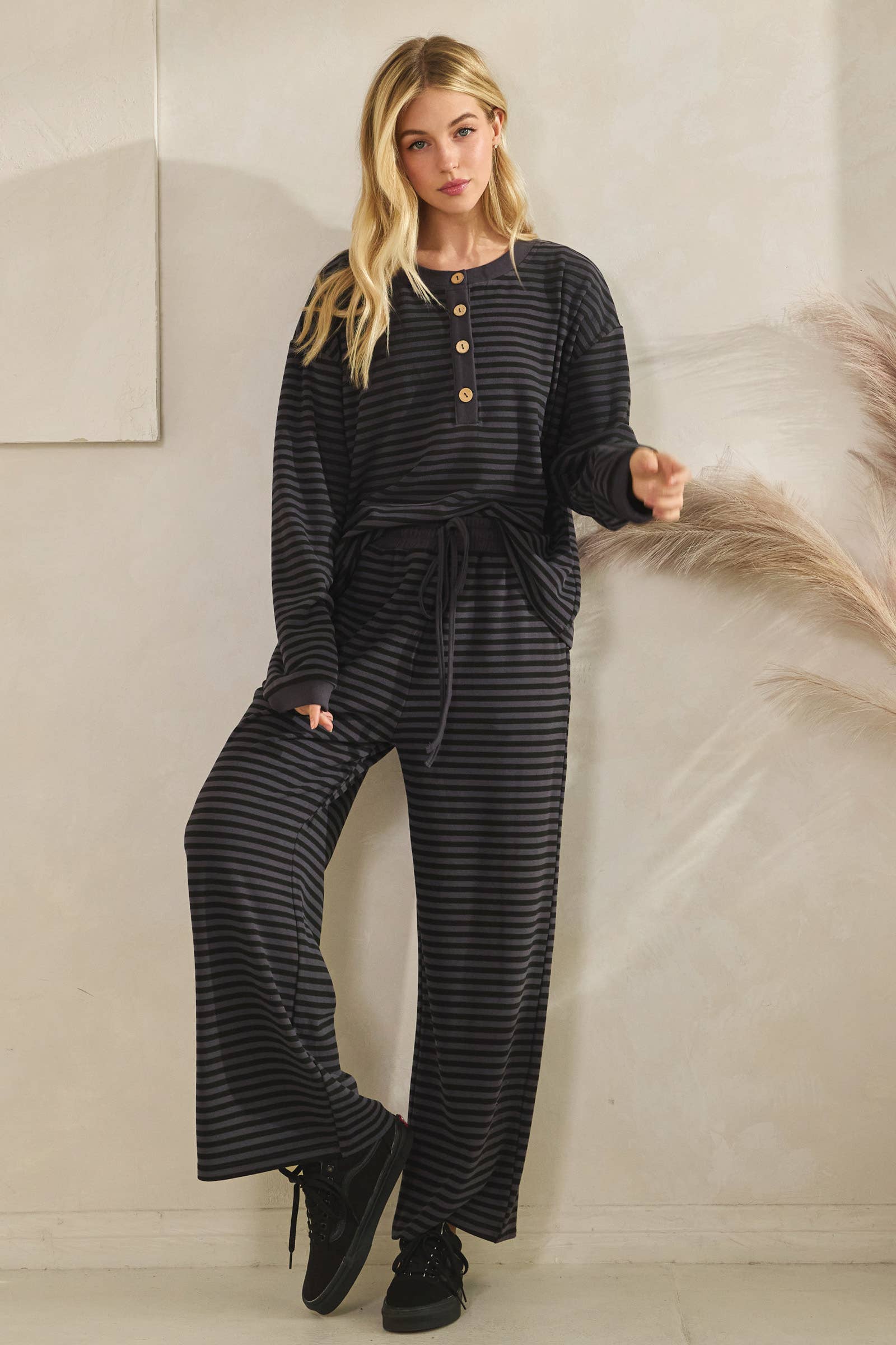 Striped Button Henley Brushed Lounge Set