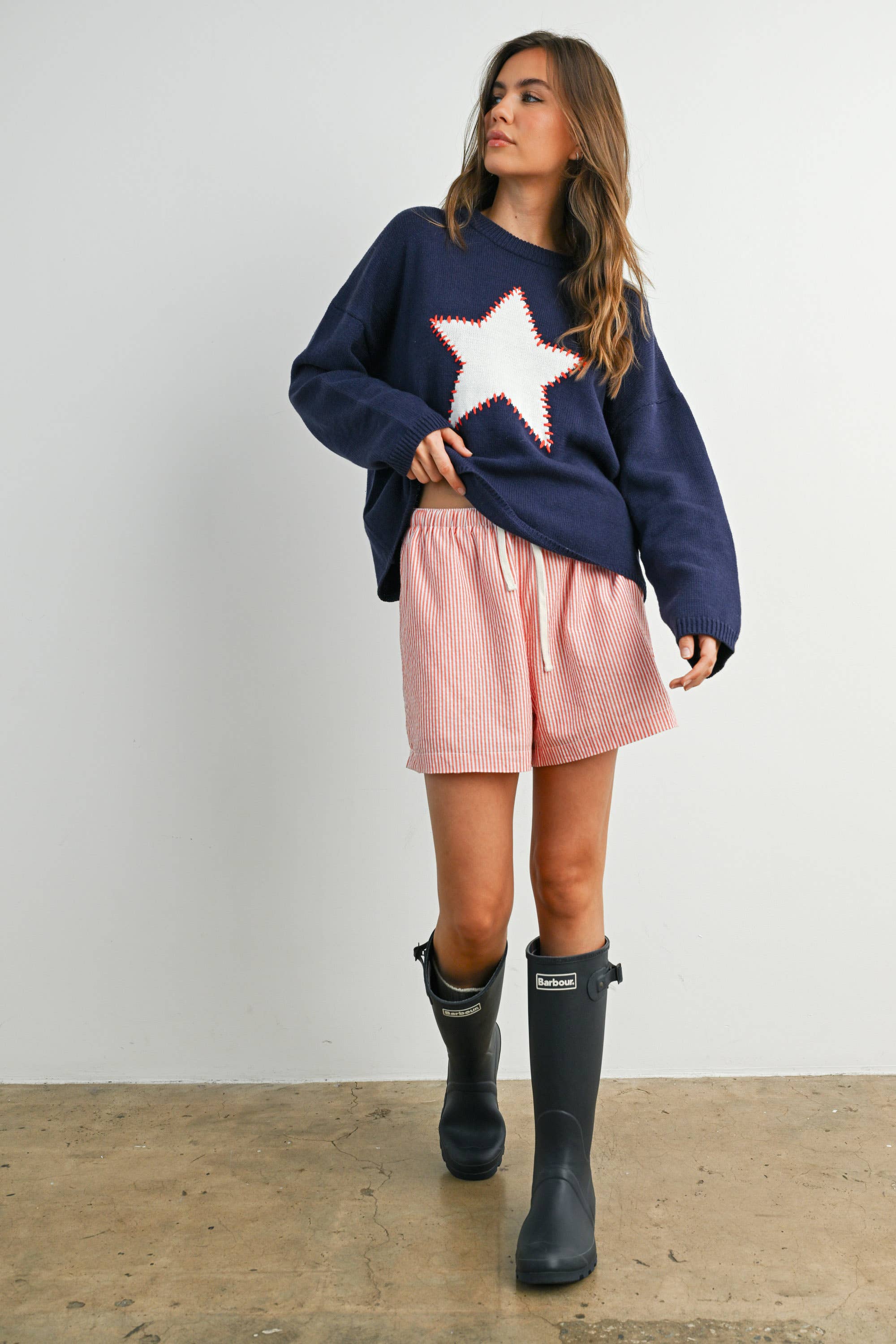 Navy Drop Shoulder Star Pattern Sweater