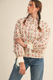 Ivory Floral Quilted Jacket With Ribbon Detail