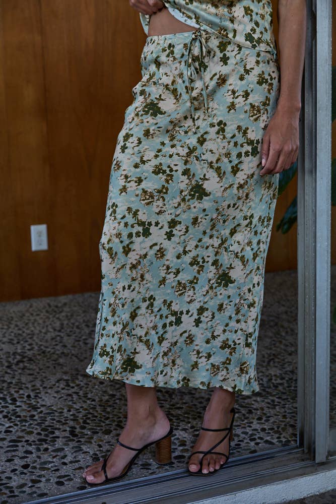 Green Floral Print Midi Skirt
