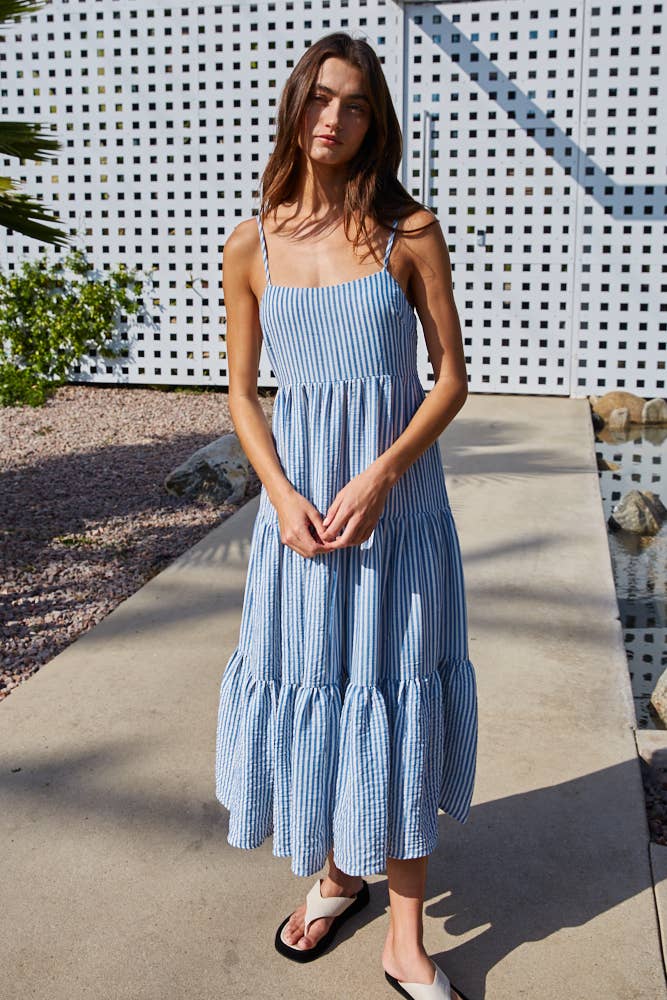 Blue Striped Sleeveless Maxi Dress