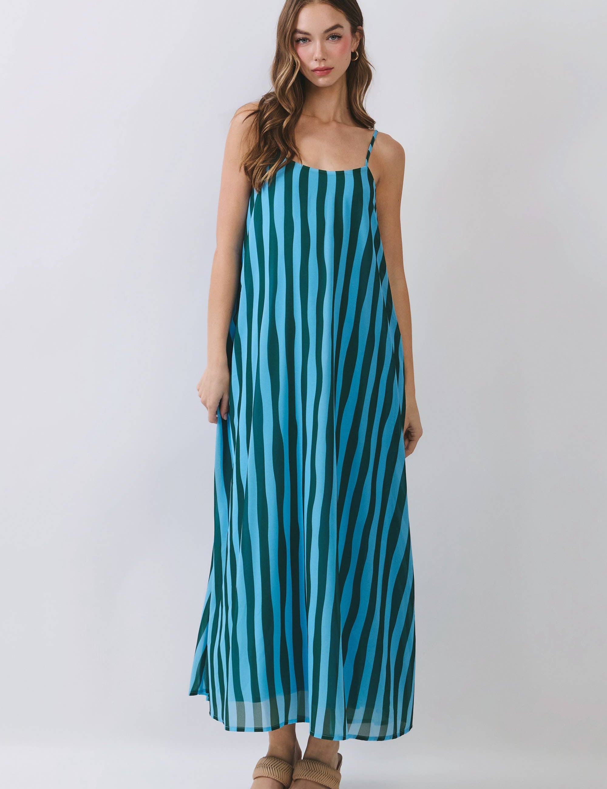 Blue Striped Scoop Neck Maxi Dress