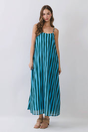 Blue Striped Scoop Neck Maxi Dress