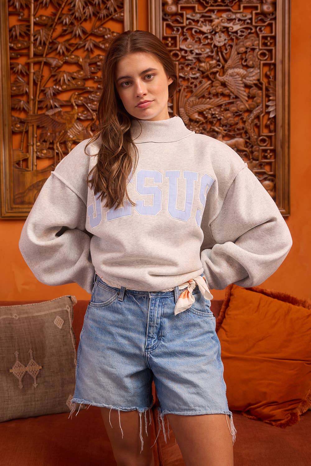 Gray Striped Jesus Patch Sweatshirt