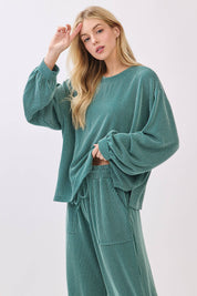 Teal Ribbed Knit Top and Wide Leg Pants Set