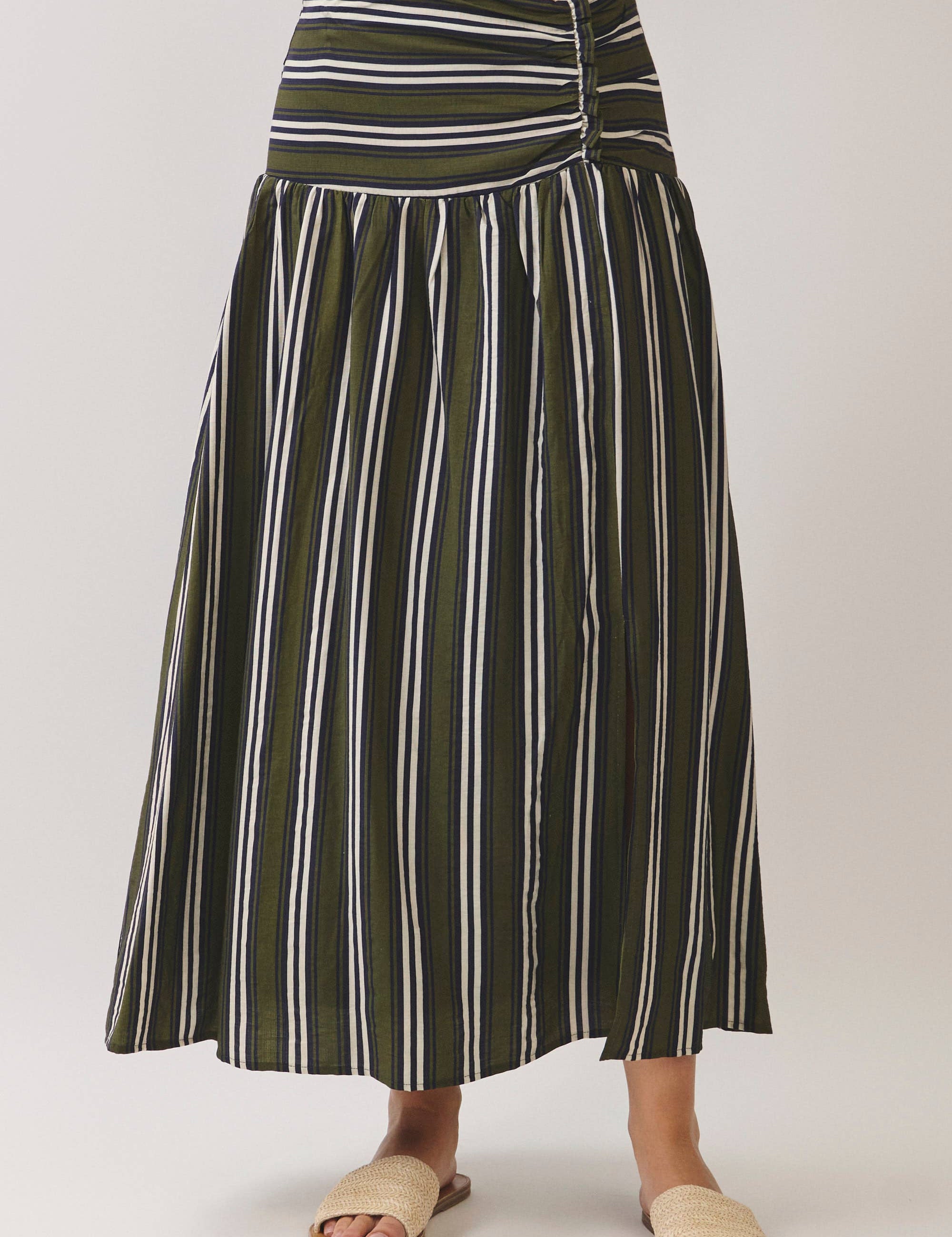 Green Striped Ruched Drop Waist Maxi Skirt — ruched detailing and zipper