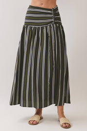 Green Striped Ruched Drop Waist Maxi Skirt