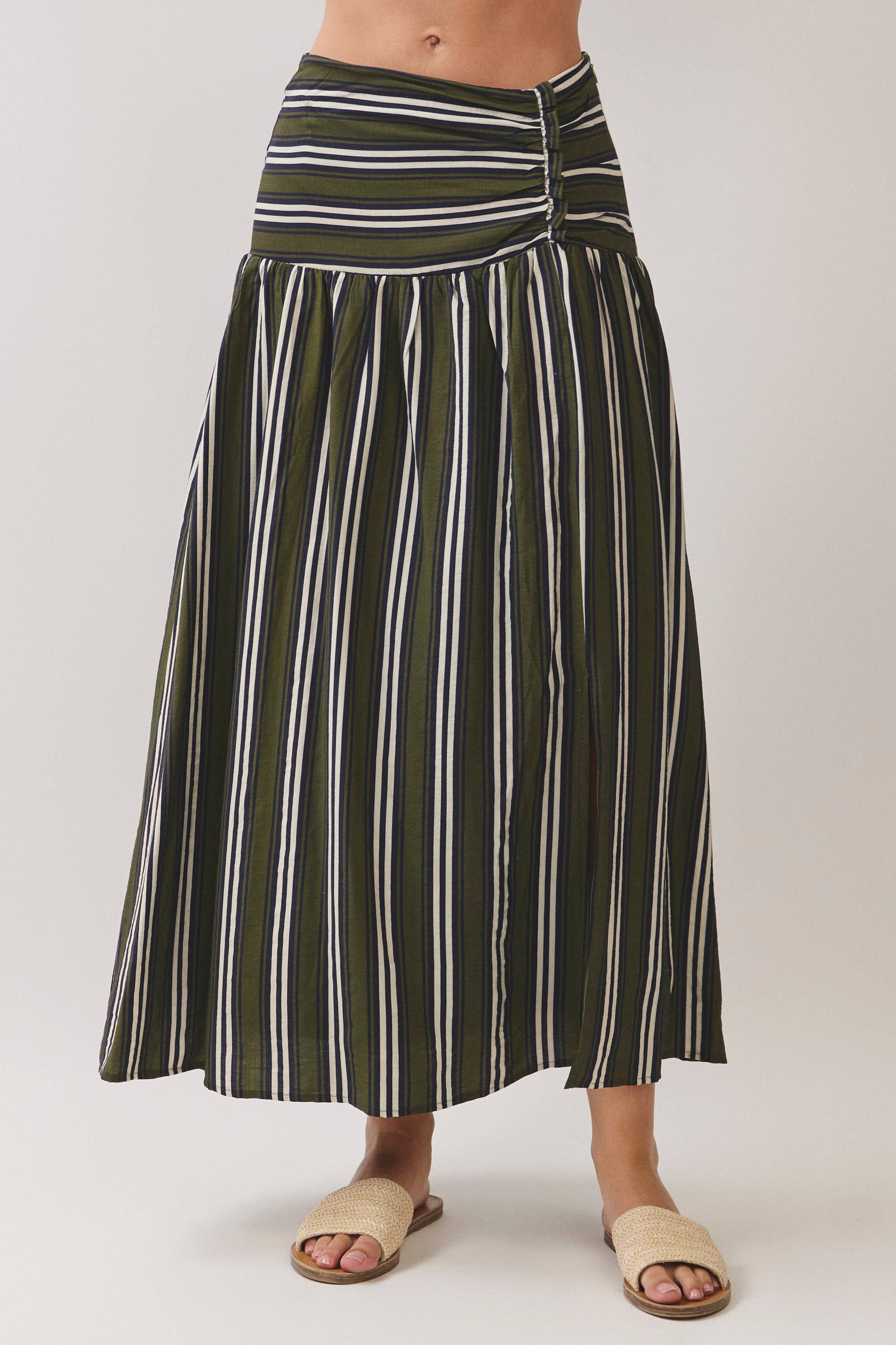 Green Striped Ruched Drop Waist Maxi Skirt