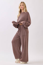 Brown Ribbed Knit Top and Wide Leg Pants Set