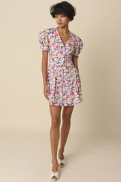 White Floral Puff-Sleeve Dress