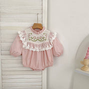Pink Embroidered Dress & Romper — lace-trimmed collar and puff sleeves