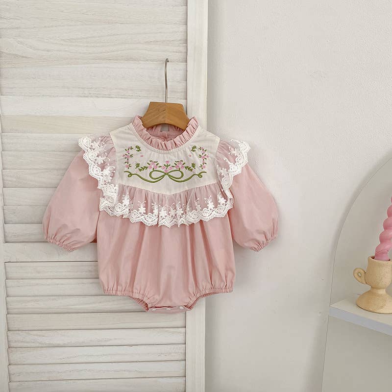 Pink Embroidered Dress & Romper — lace-trimmed collar and puff sleeves